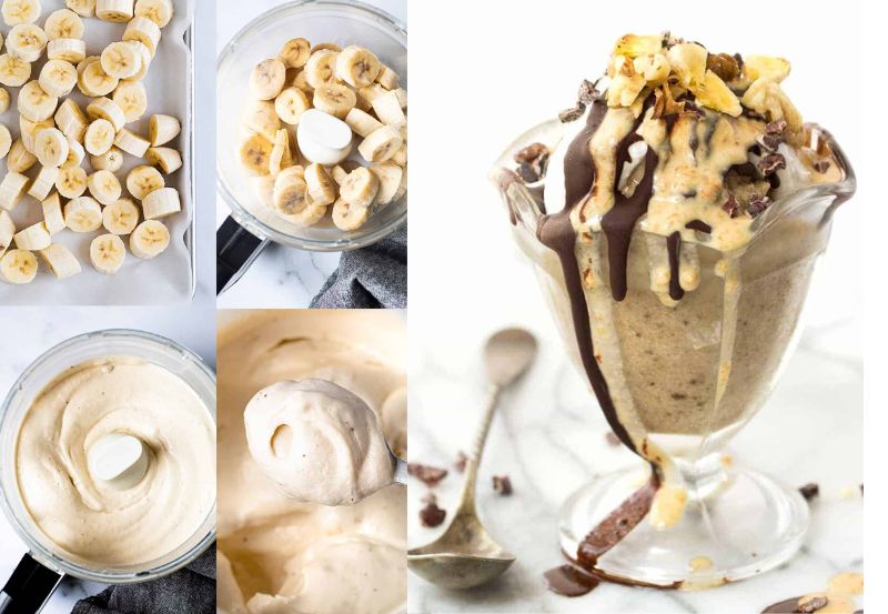 Ice cream with chocolate, banana, and coconut milk